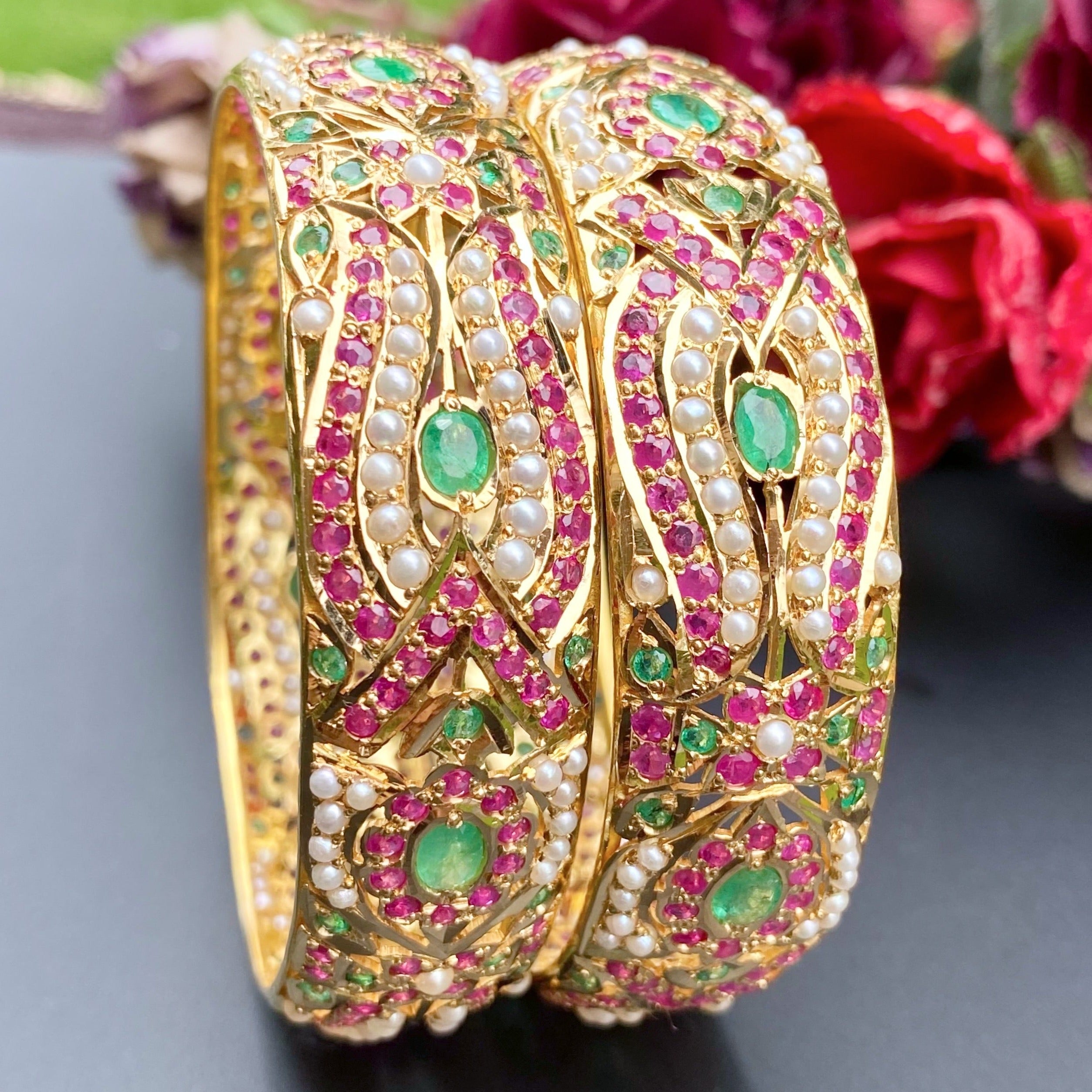 hyderabadi indian solid 22k gold bangles studded with ruby emerald and pearls