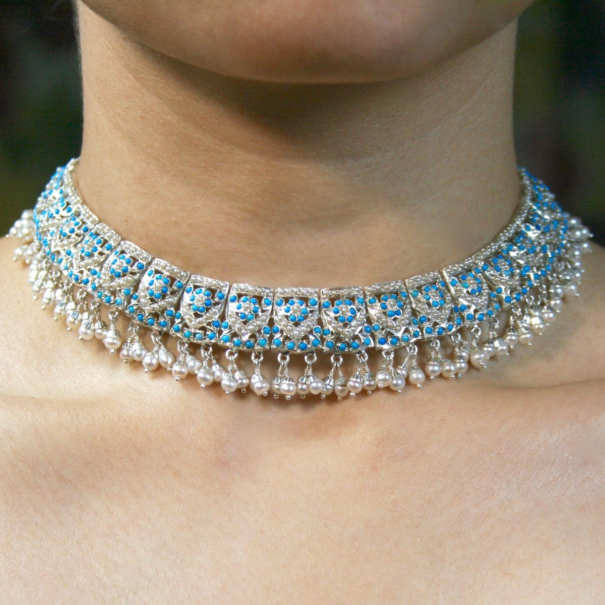 pearl and feroza set in silver