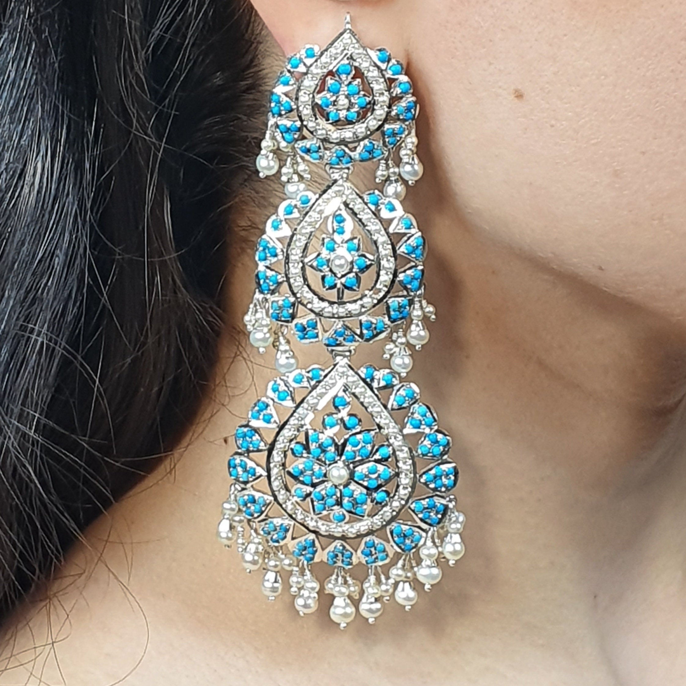 pearl and turquoise pheroza earrings jadau jewellery
