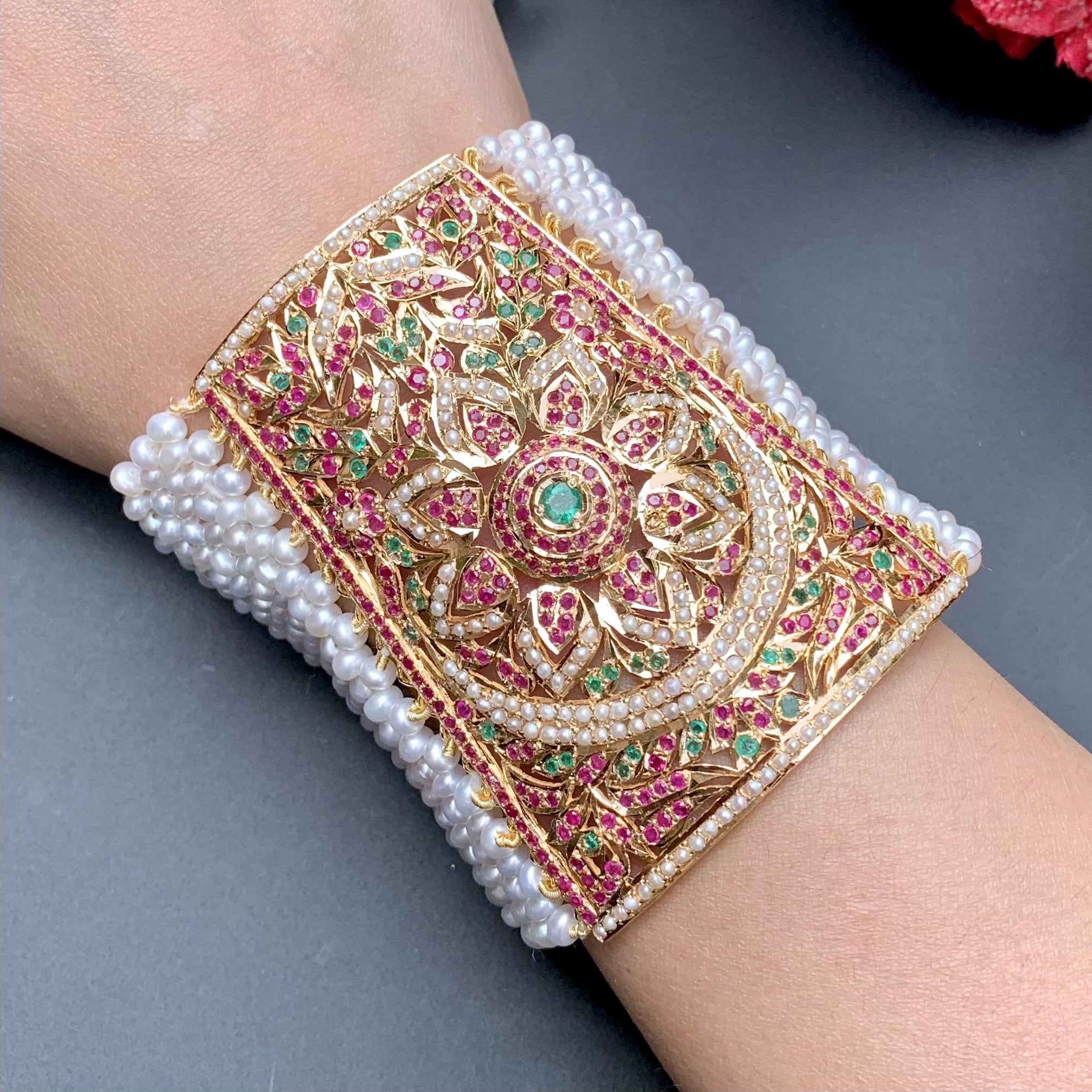 jadau bahi for women on 22 carat gold studded with ruby emerald and pearls from rudradhan jewellers