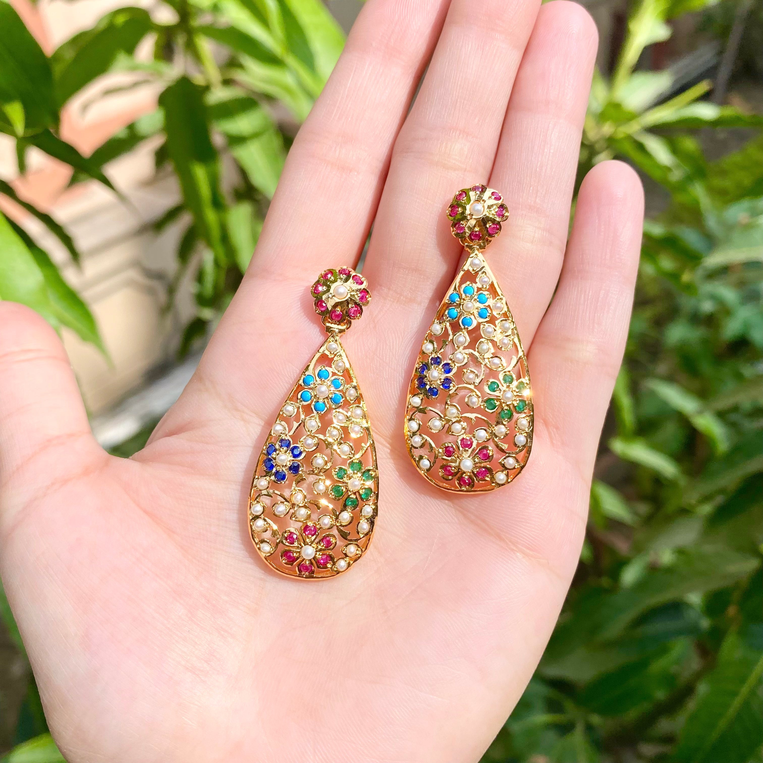 dainty and long drop shaped gold plated Navaratna earrings