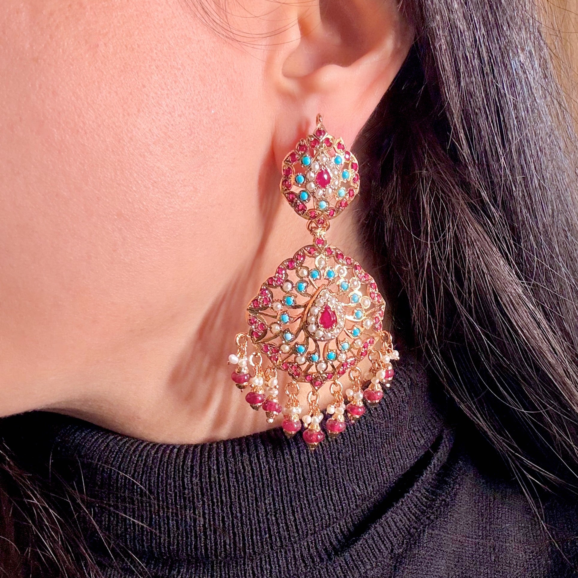 Ruby Turquoise Earrings | Classic Jadau Earrings | Handcrafted Jewellery | ER 685
