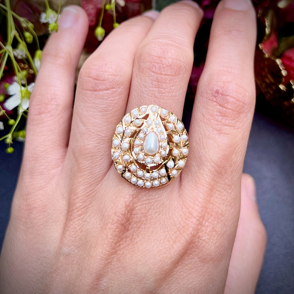 pearl ring tanishq on 22k gold