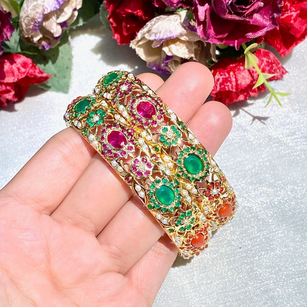 Navrathan gold plated silver bangles made in 925 sterling silver with gold polish