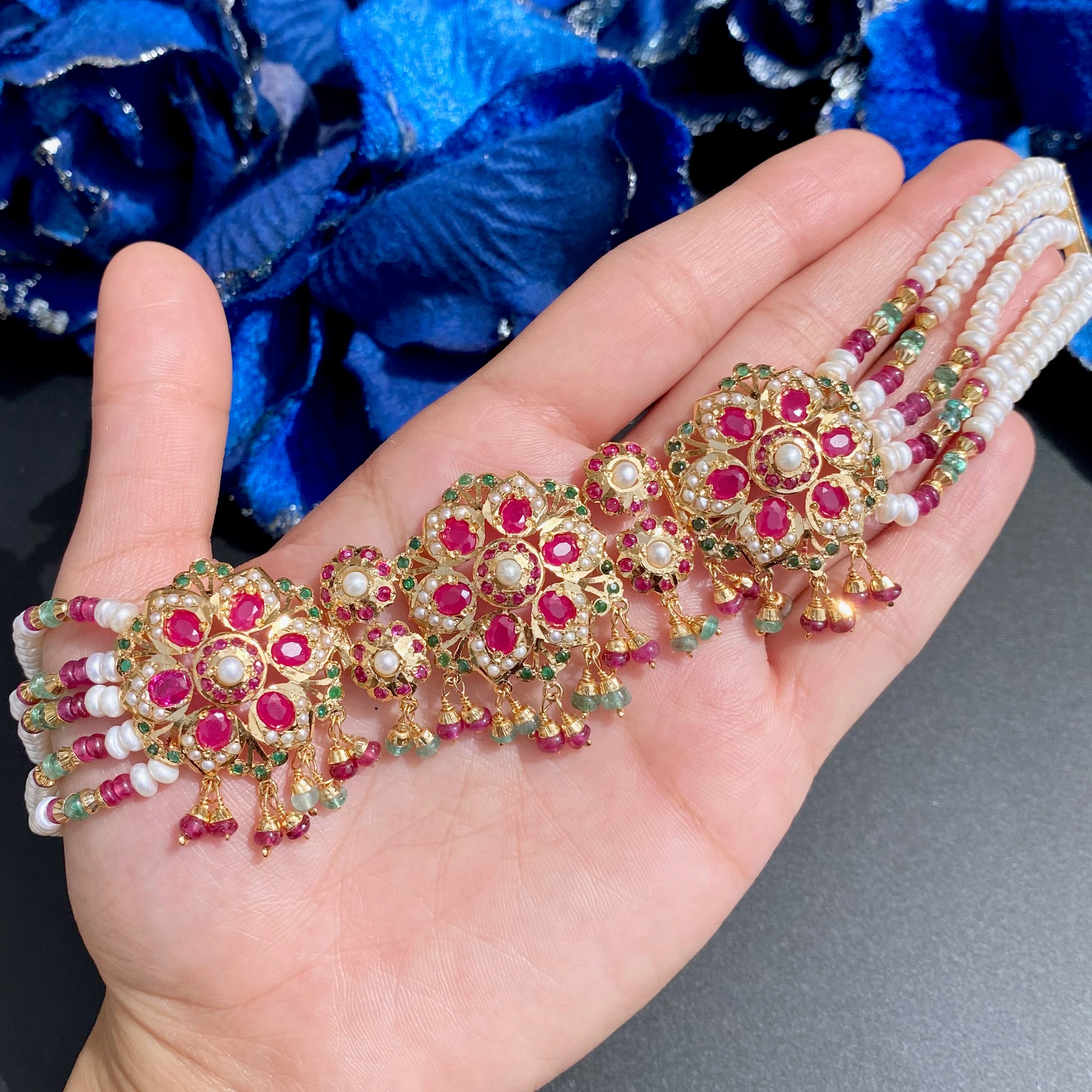 Exquisite Gold Plated Jadau Choker Set | Sterling Silver Base | Mix of Precious & Non Precious Stones