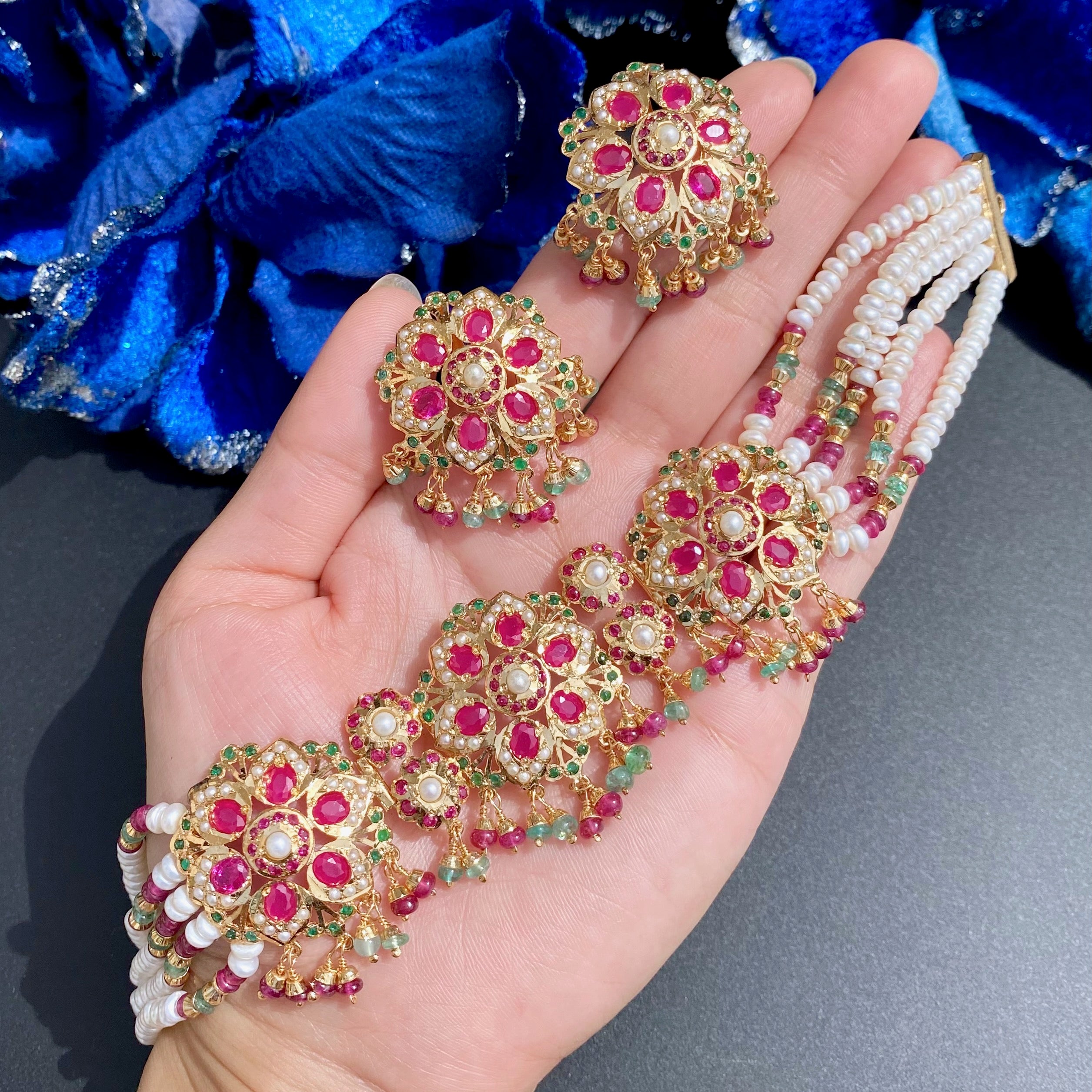 Exquisite Gold Plated Jadau Choker Set | Sterling Silver Base | Mix of Precious & Non Precious Stones