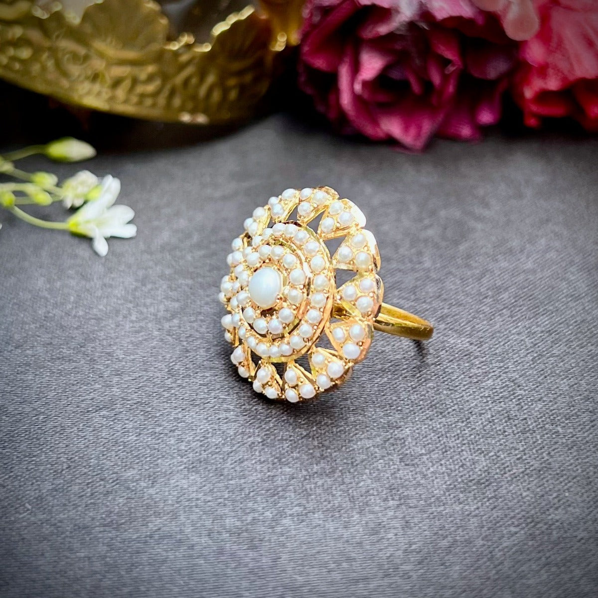 pearl studded indian cocktail rings on gold