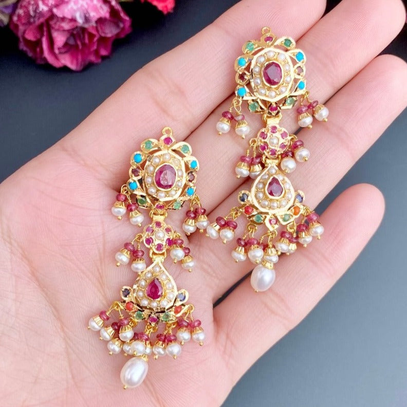 antique indian navratna earrings inspired by malabar designs