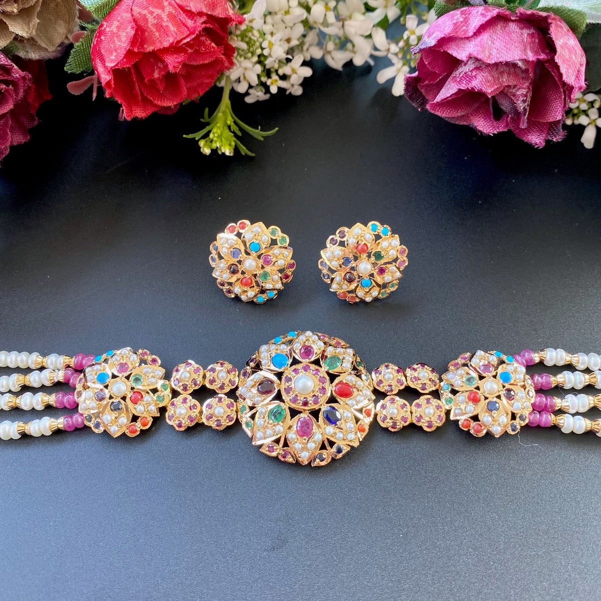 navaratna indian chik patti set on 22k gold under 3 tola
