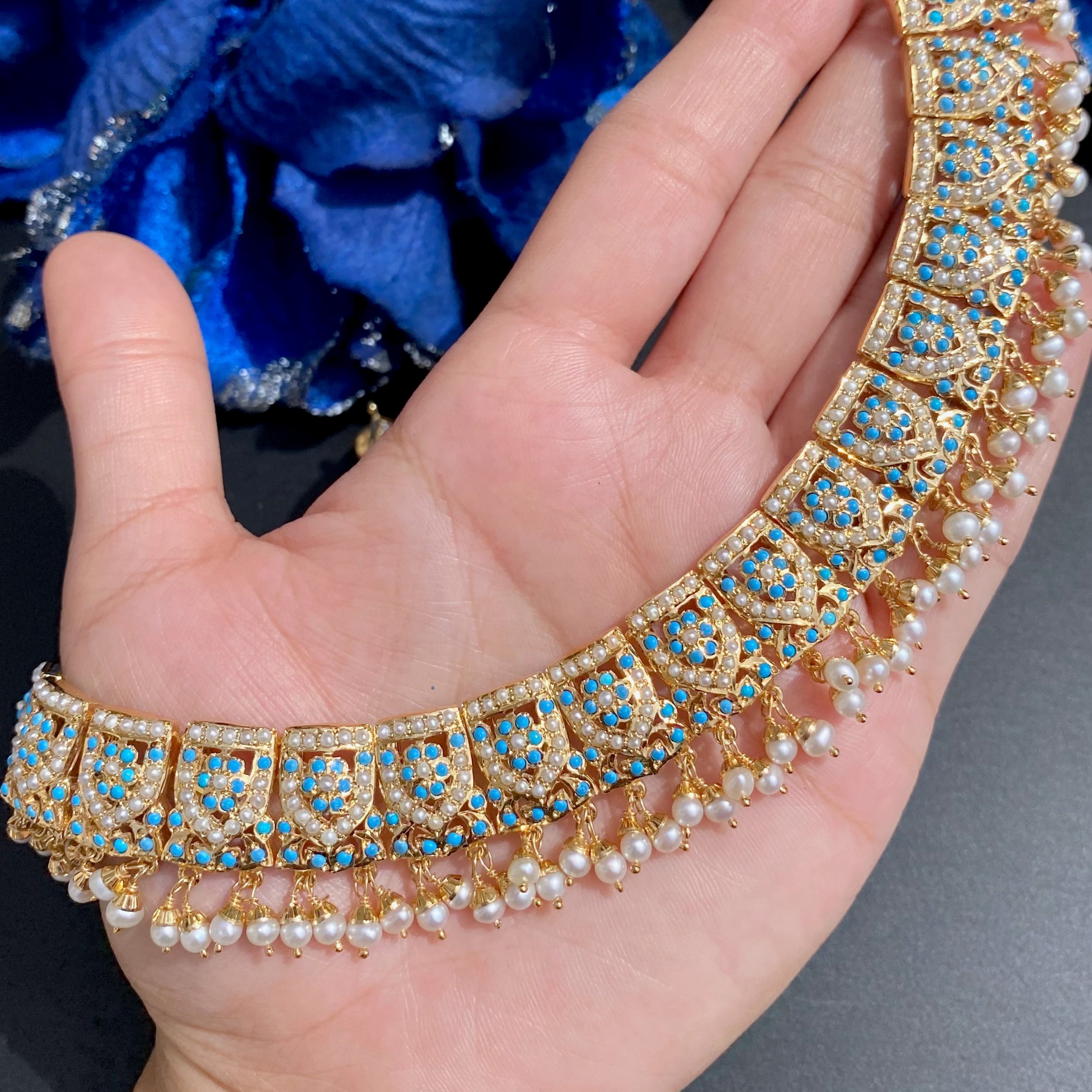 Classy Pearl & Feroza Necklace Set | Fine Indian Jewelry | Gold Plated Silver