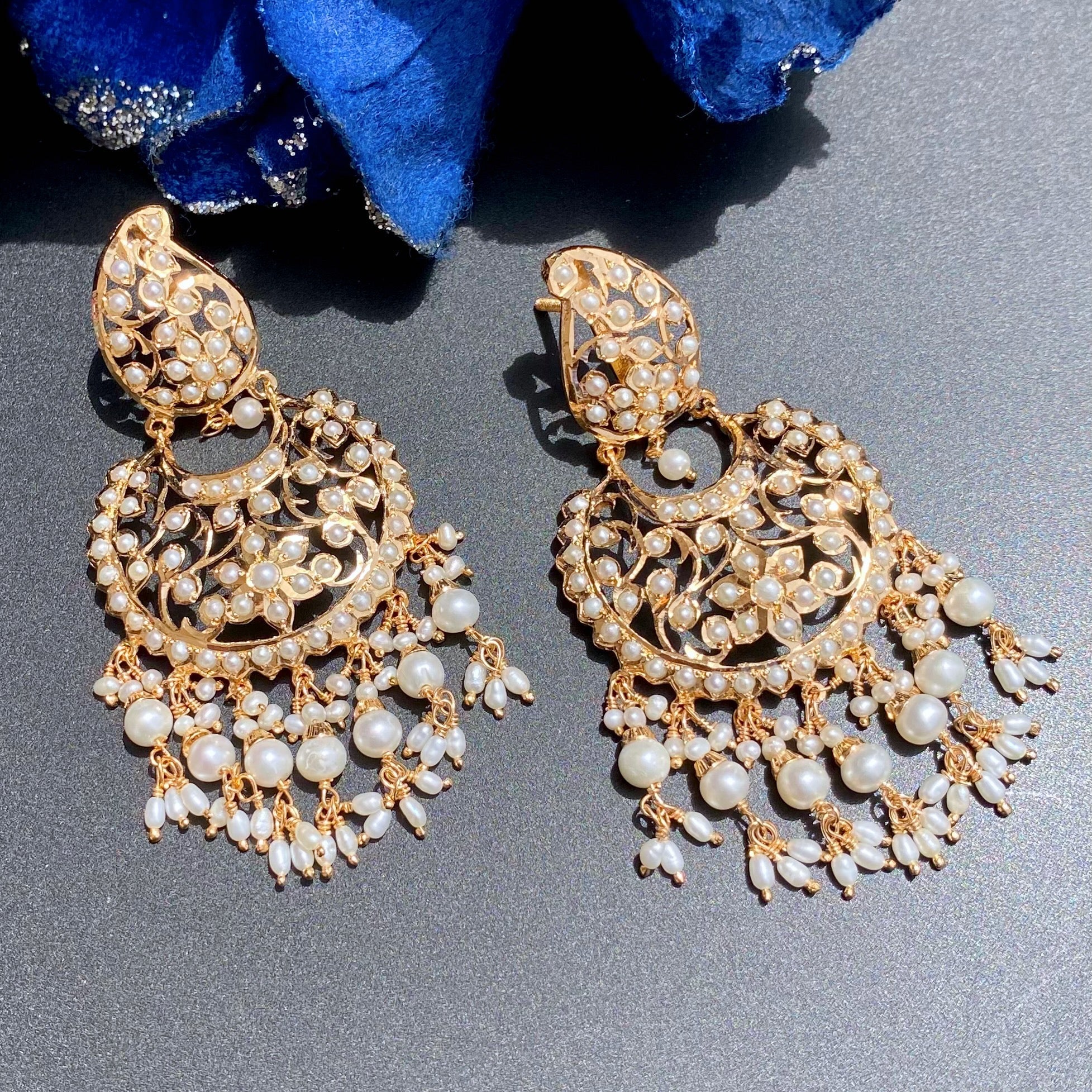 Elegant Gold Plated Chandbali | Real Freshater Pearls | Antique Design ER 578