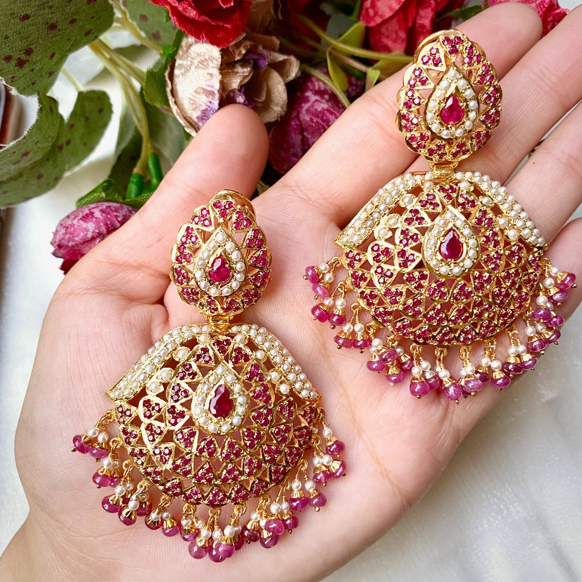 indian ruby and pearl earrings