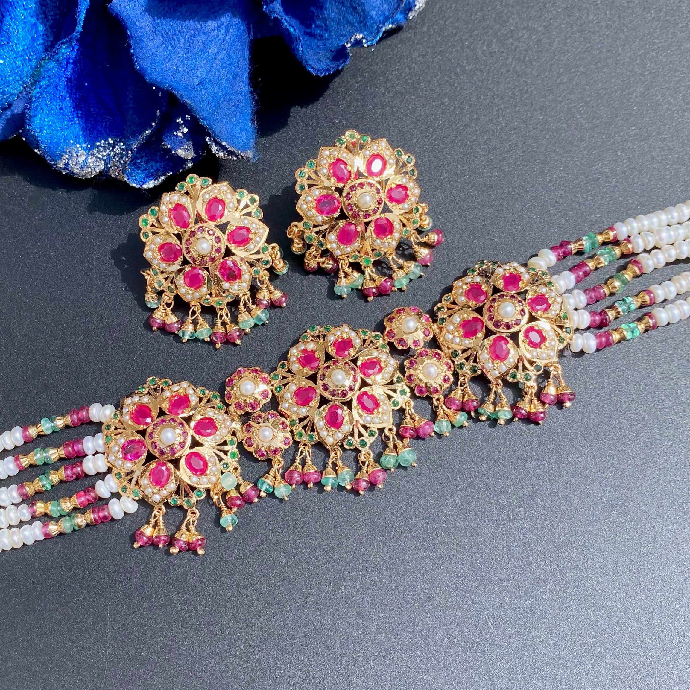 Exquisite Gold Plated Jadau Choker Set | Sterling Silver Base | Mix of Precious & Non Precious Stones