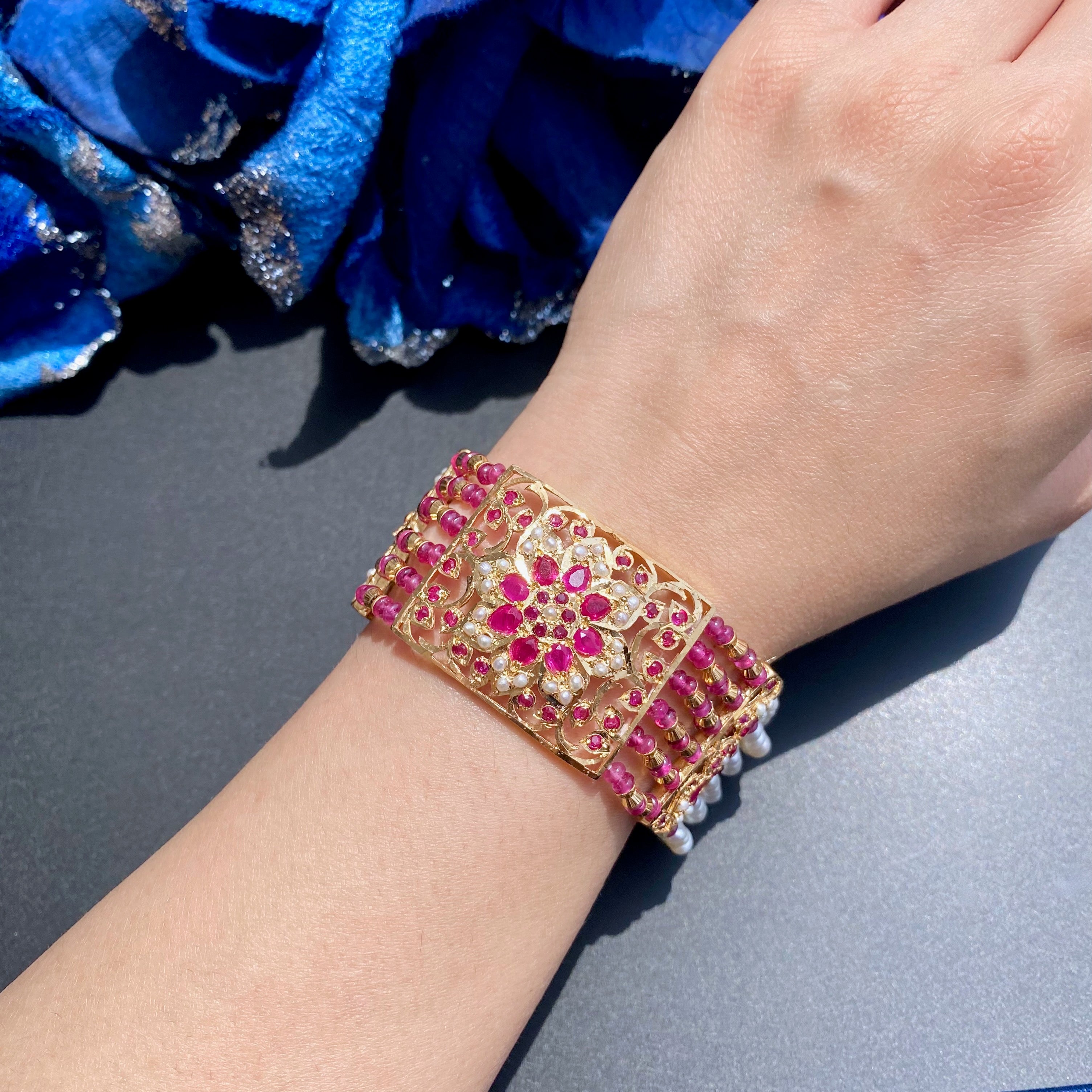 ruby red indian jadau dasti gold plated on silver real pearl ruby beads