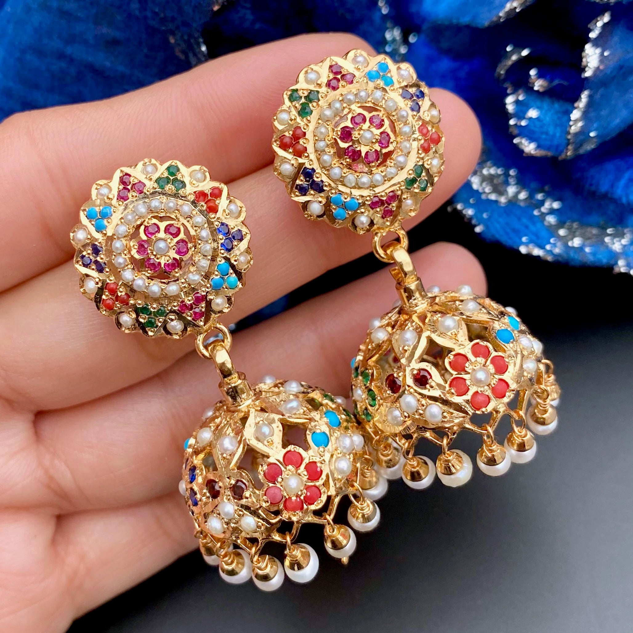 Delicate Navrattan Necklace with Jhumki | Gold Plated Navratna Necklace Set | NS 357
