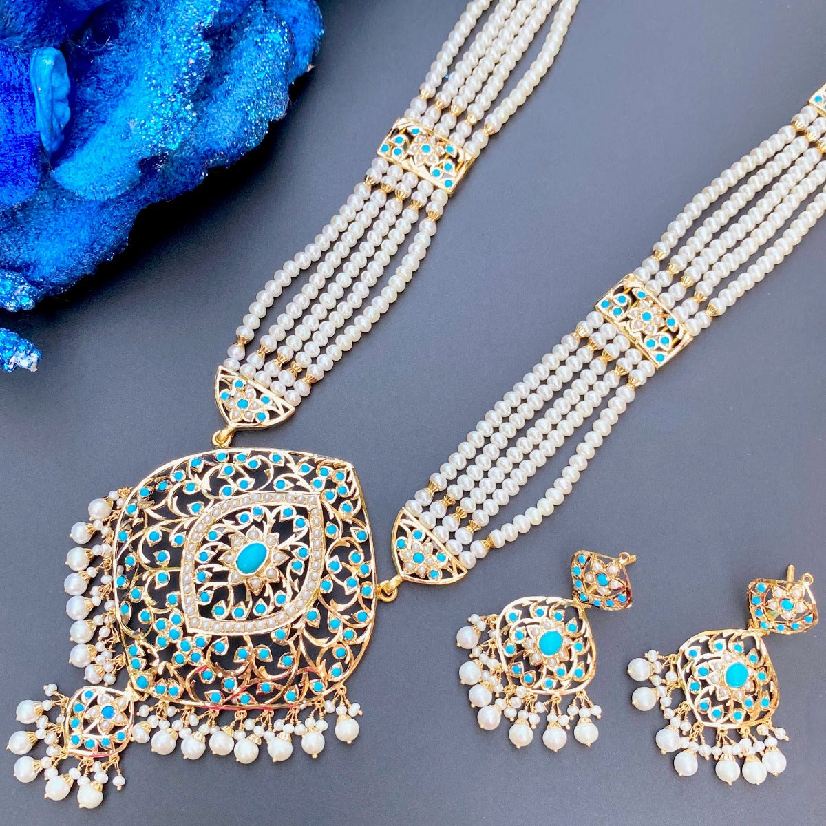 pearl feroza rani haar set in 22k hallmark gold
