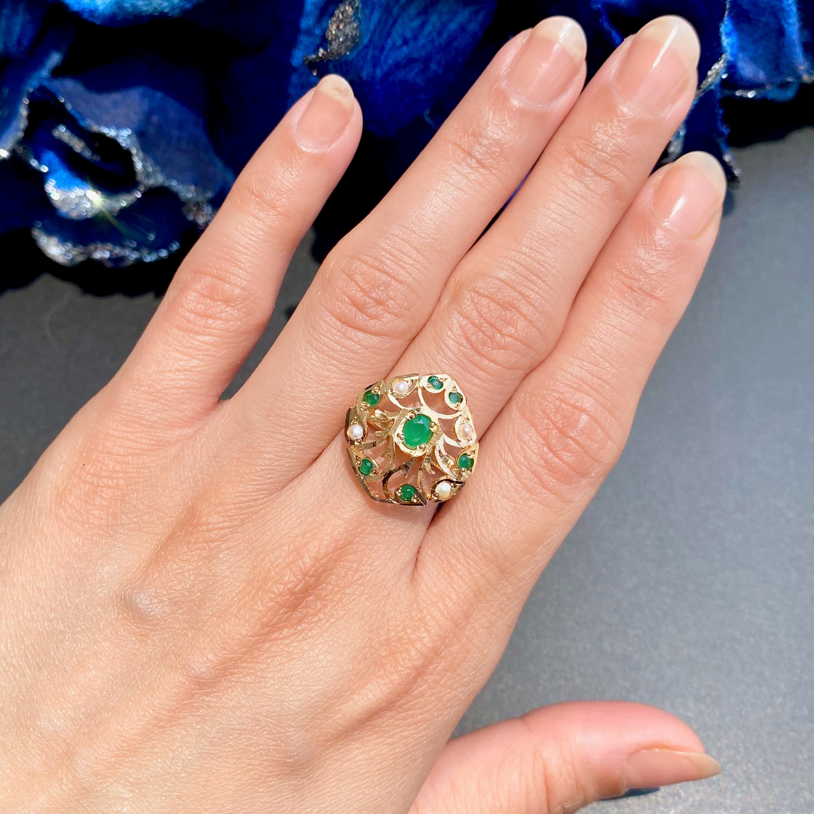Delicate Jadau Ring | Emerald Green Color | Gold Plated on Silver LR 102