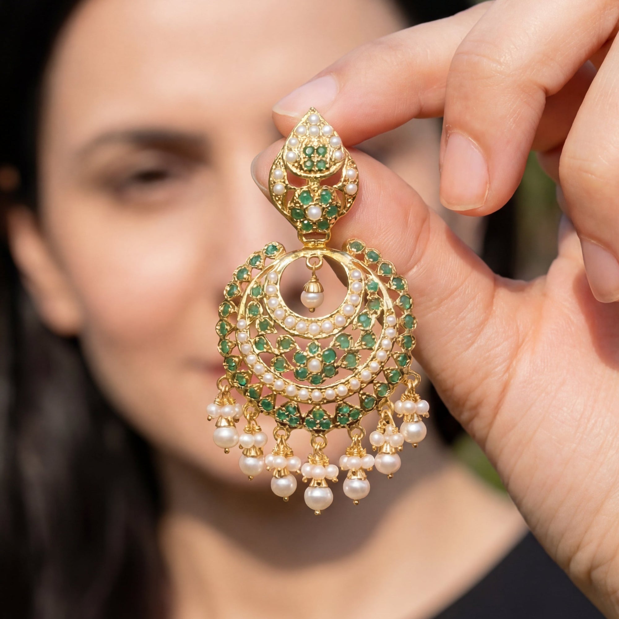 Gold Plated Indian Chandbali Earrings Online | Pearl & Emerald Green Combination ER 202