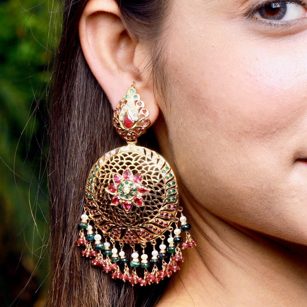 large round ruby emerald earrings