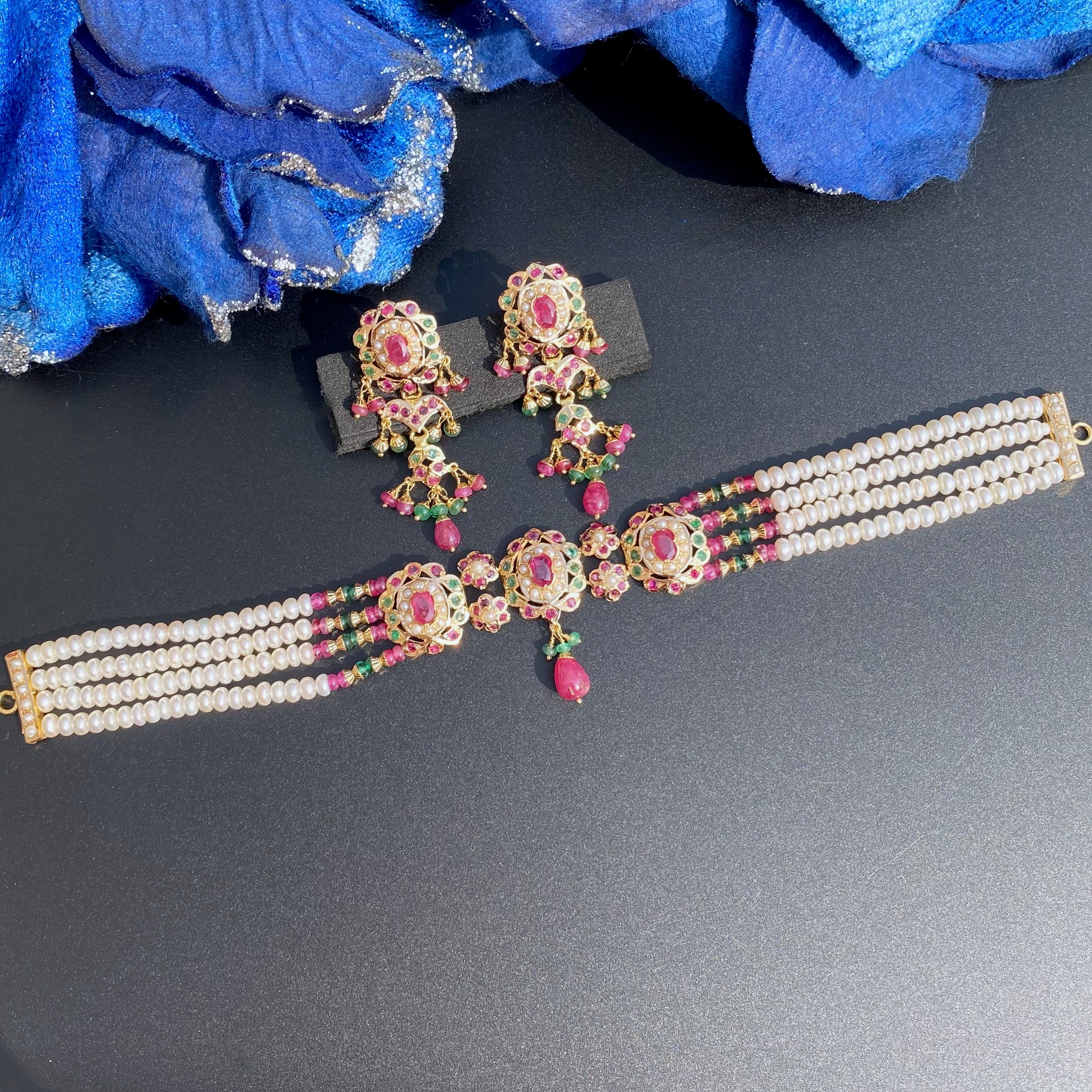 Dainty Gold Choker Set | 22k Gold with Precious Ruby Emeralds | Jewelry Gifts in Gold