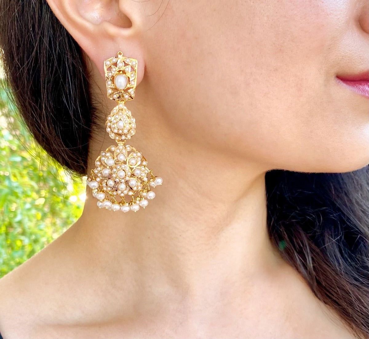 indian jadau gold earrings pearls studded