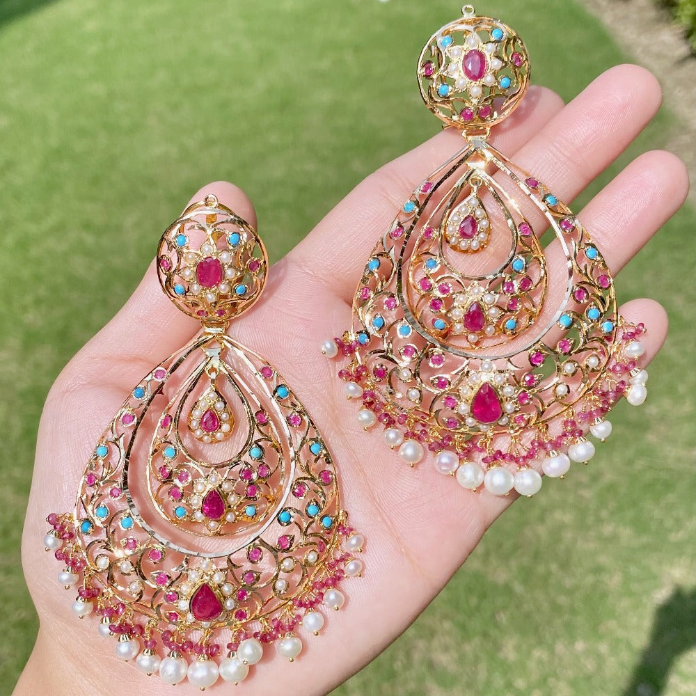 real gold indian chandbali earrings studded with ruby feroza and pearls
