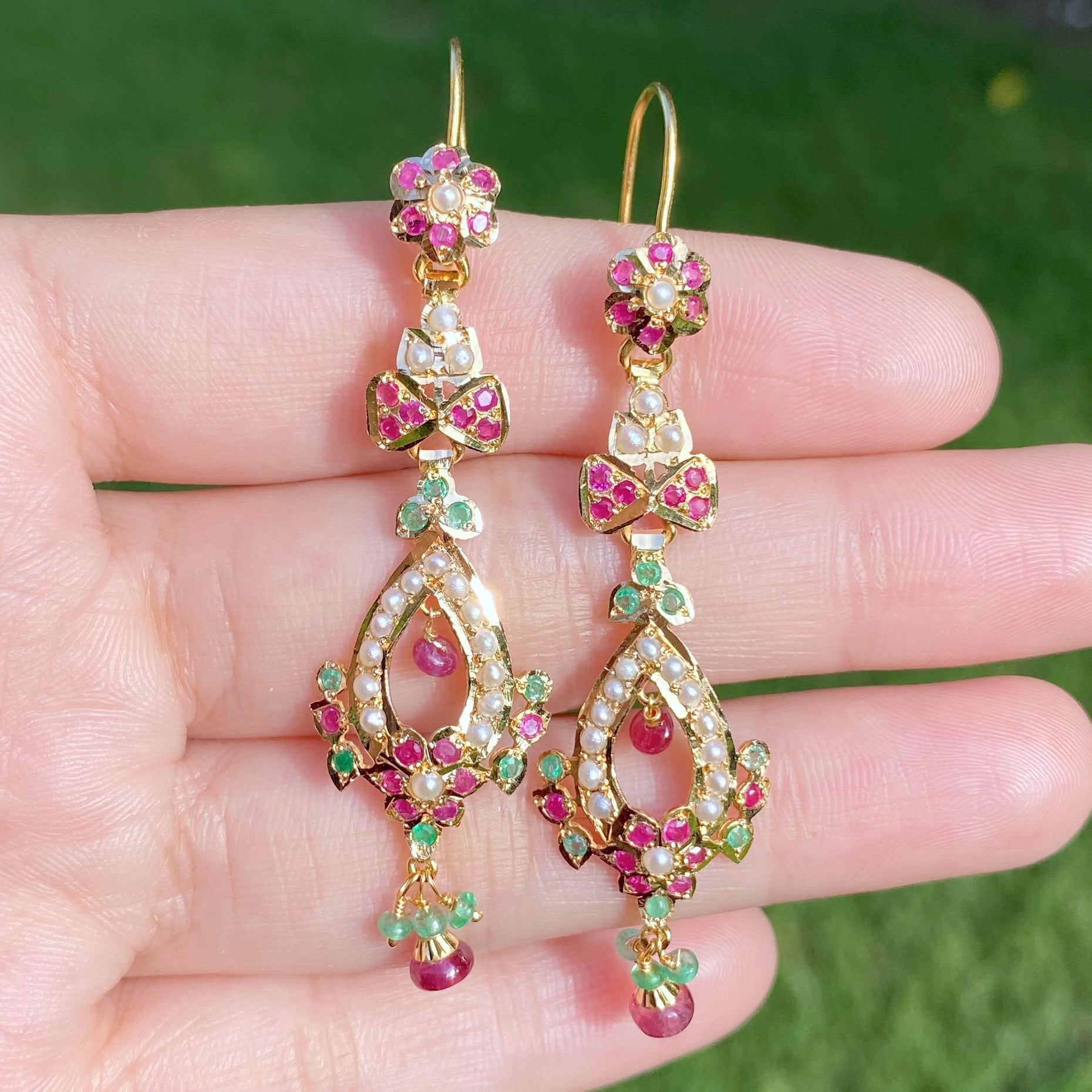 light and elegant 22k gold earrings with precious stones and fish-hook wire type closure