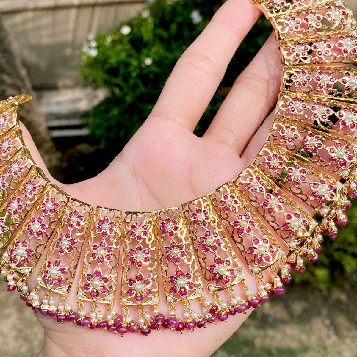gold plated ruby pearl bridal set