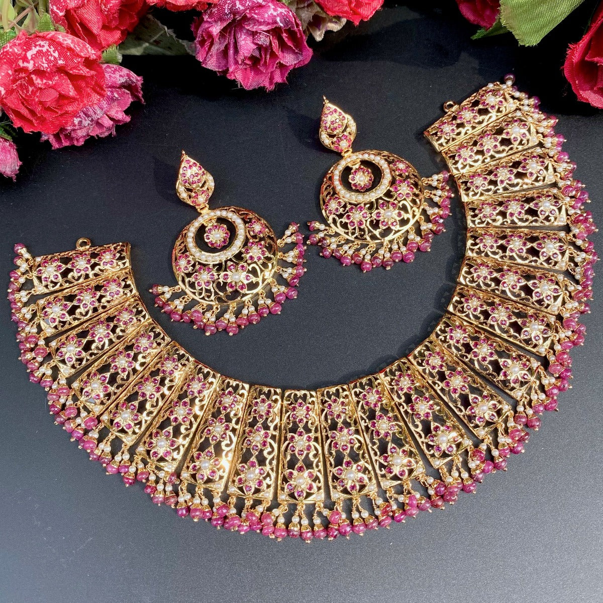 gold plated ruby pearl bridal set