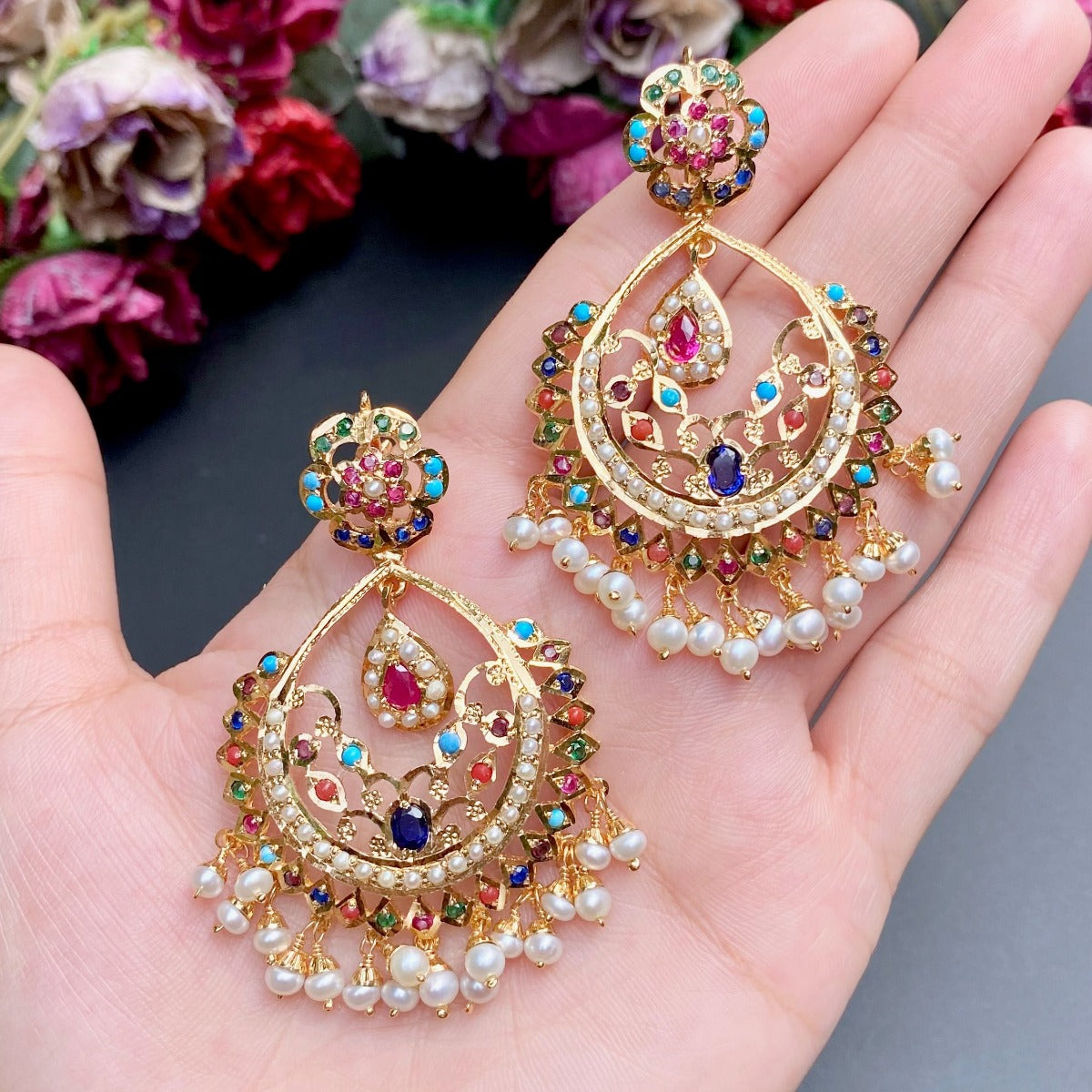 meermankaa Navaratna chandbali earrings