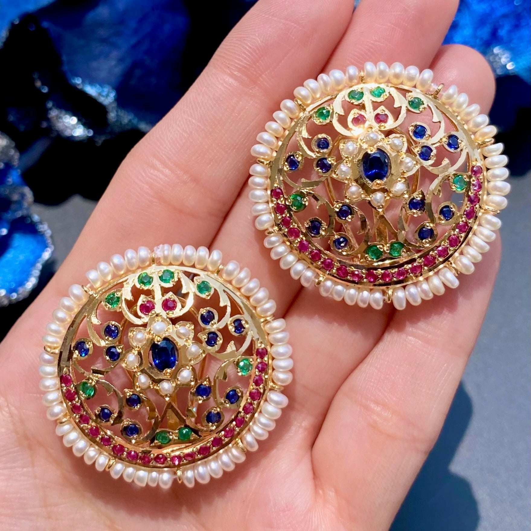 Exquisite Large Round Jadau Studs For Women on Silver ER 553