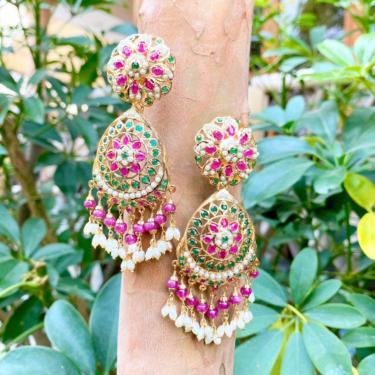 silver earrings gold plated ruby emerald