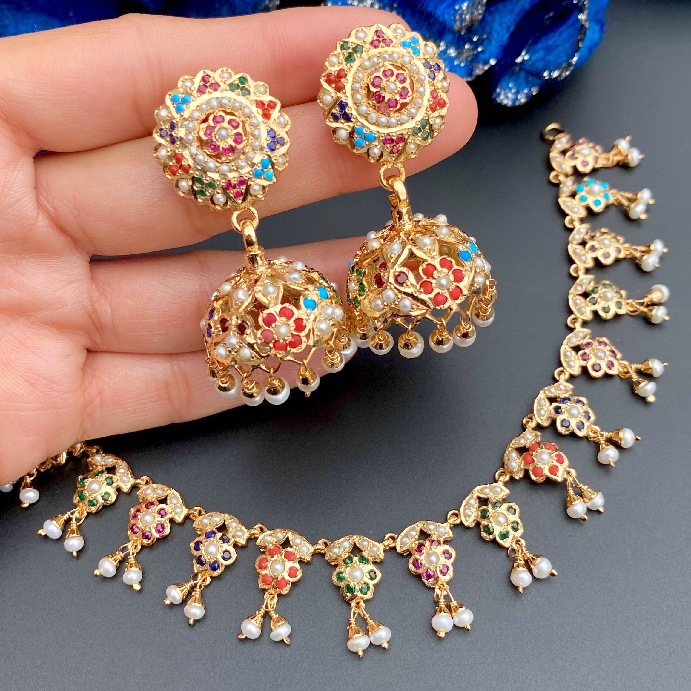 Delicate Navrattan Necklace with Jhumki | Gold Plated Navratna Necklace Set | NS 357