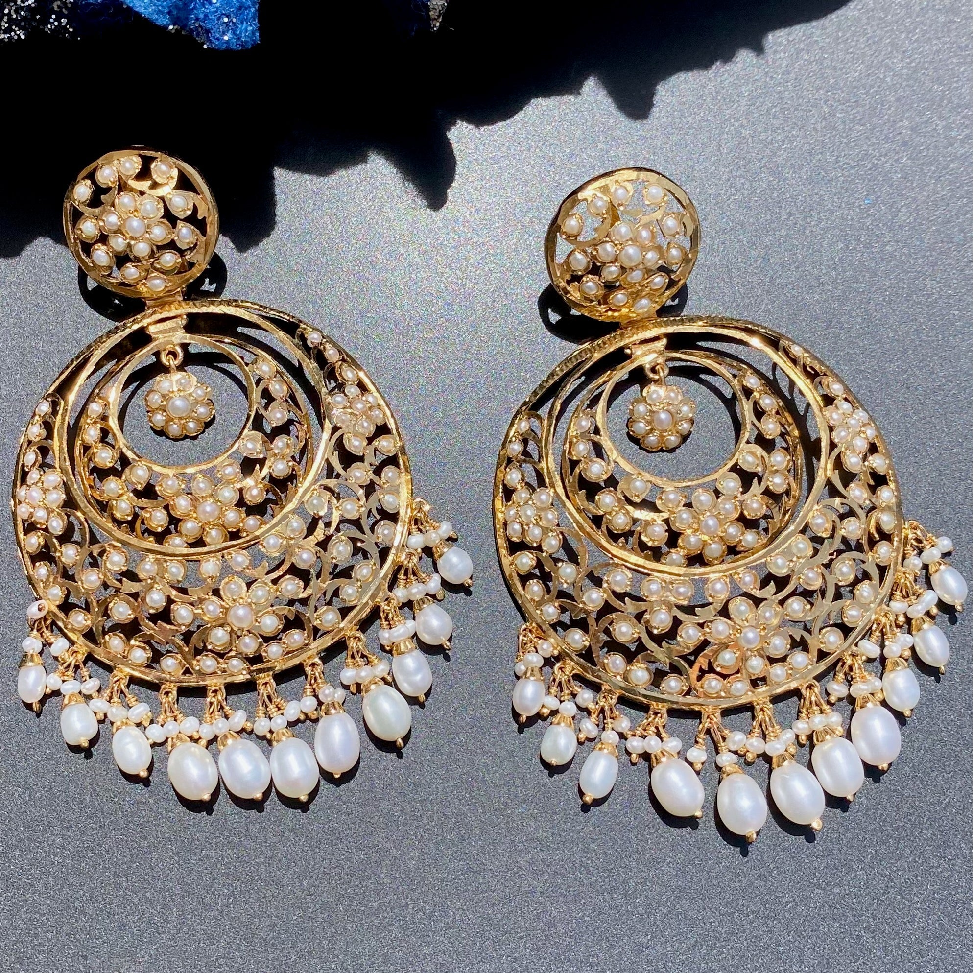 Intricate Gold Plated Chandbali Earrings | Antique Fusion Design | Authentic Freshwater Pearls ER 585