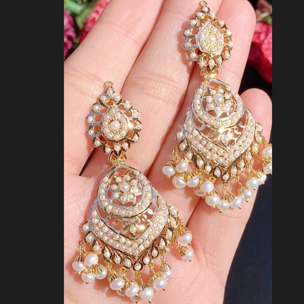 indian jadau gold earrings in all pearls