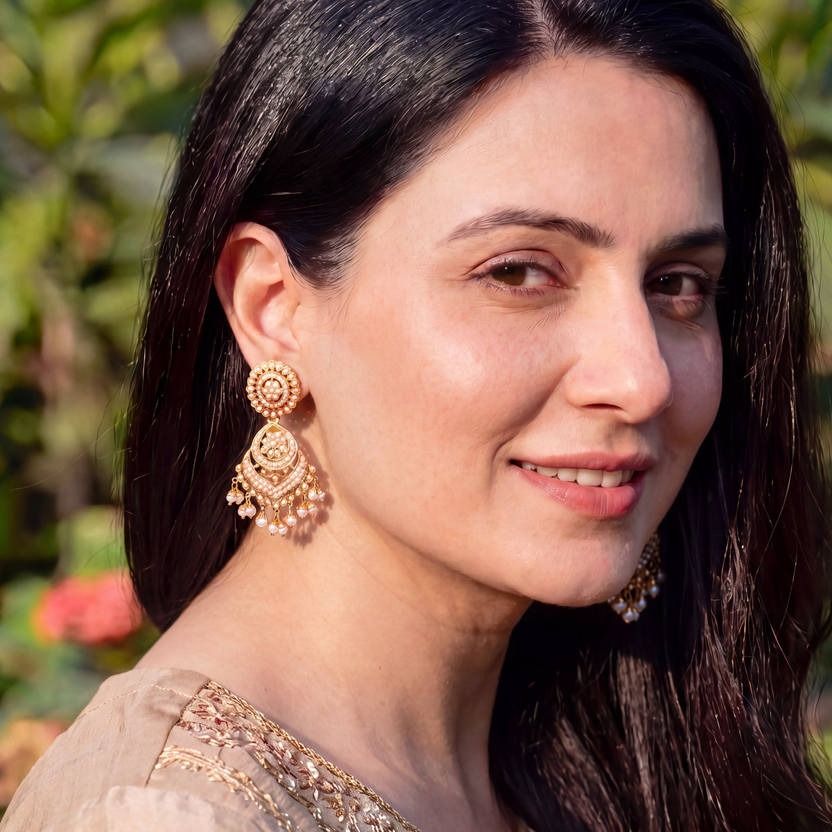 Gold Plated Jadau Earrings | Gold Plated on Silver | Pearl Danglers ER 214