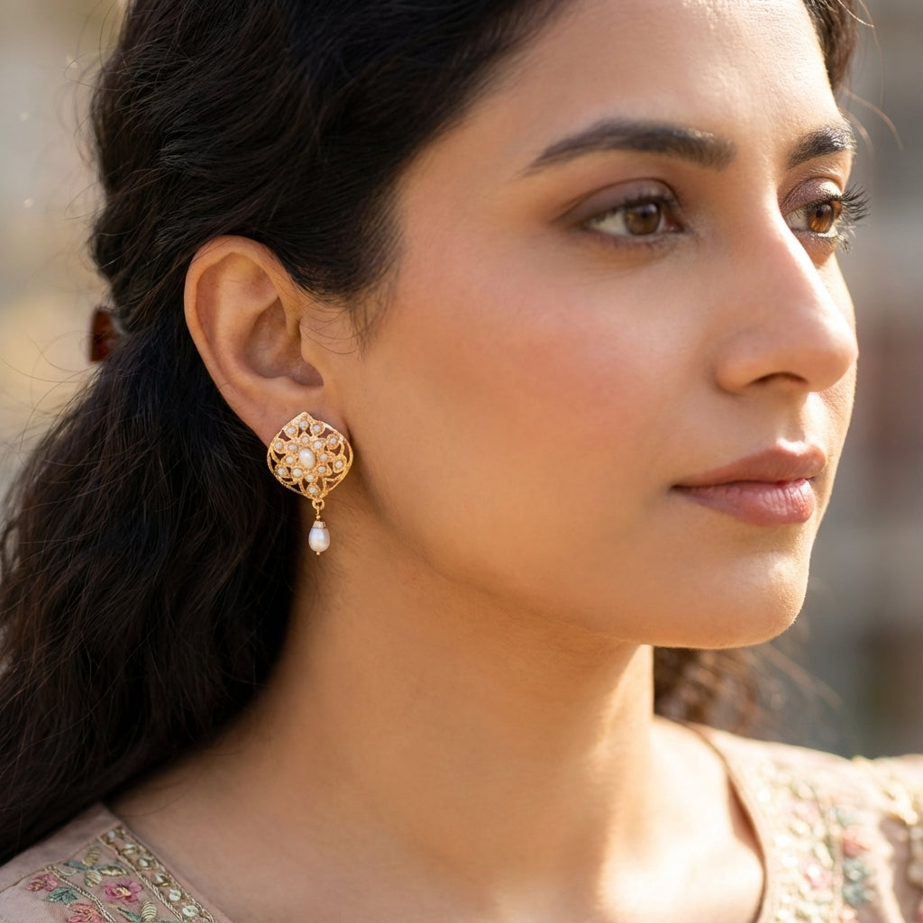 Cute Pearl Stud Earrings | Indian Jadau Jewelry on Silver |. Delicate Design ER 577