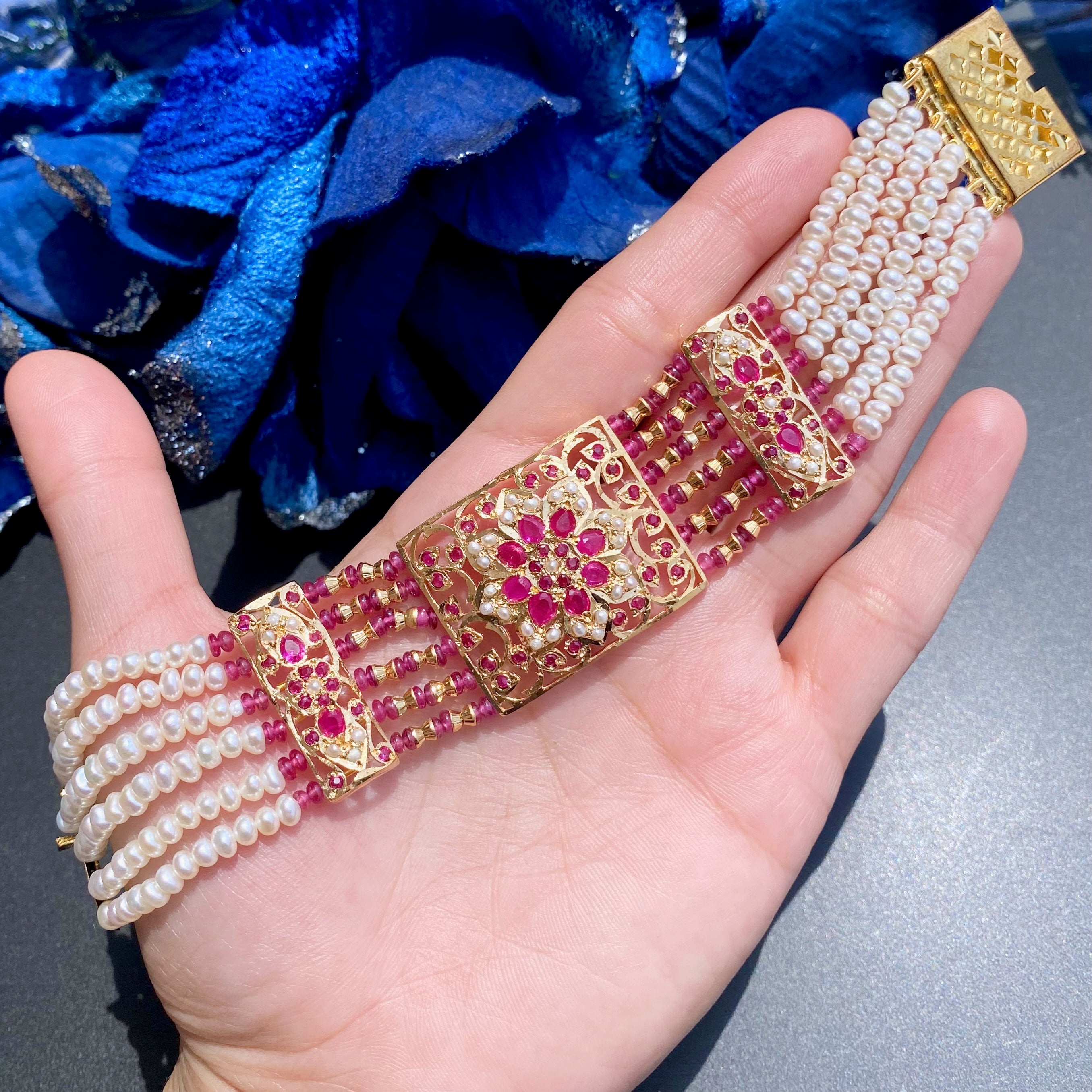 ruby red indian jadau dasti gold plated on silver real pearl ruby beads