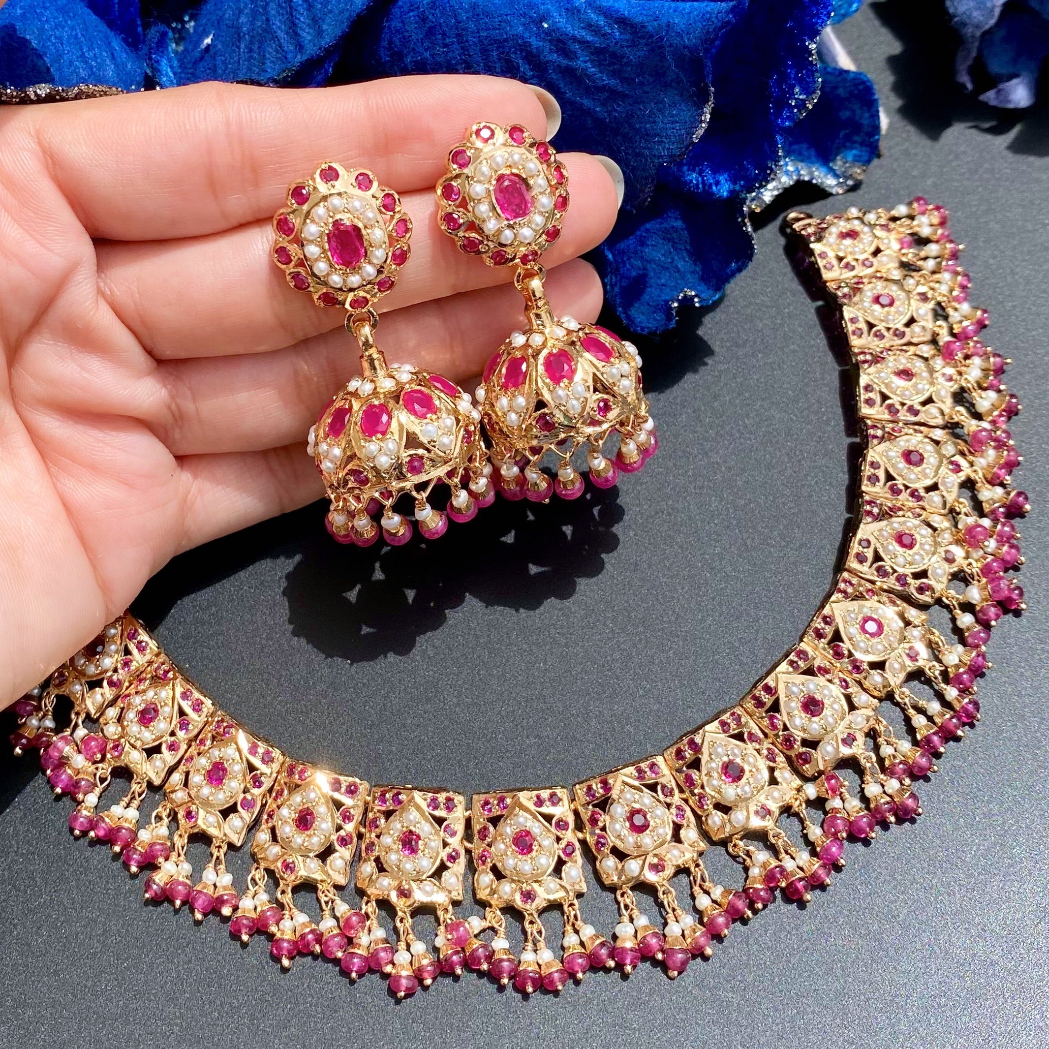 ruby necklace with jhumka earrings