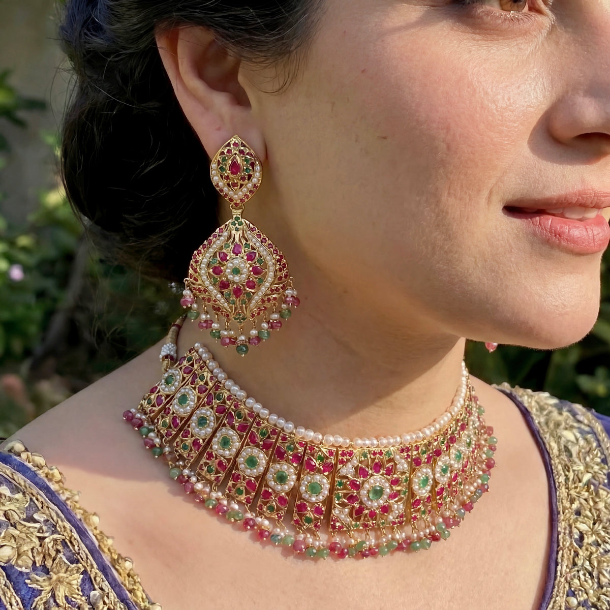 Bridal Jadau Choker Set | Gold Plated on Silver | Classic Indian Jewelry NS 413