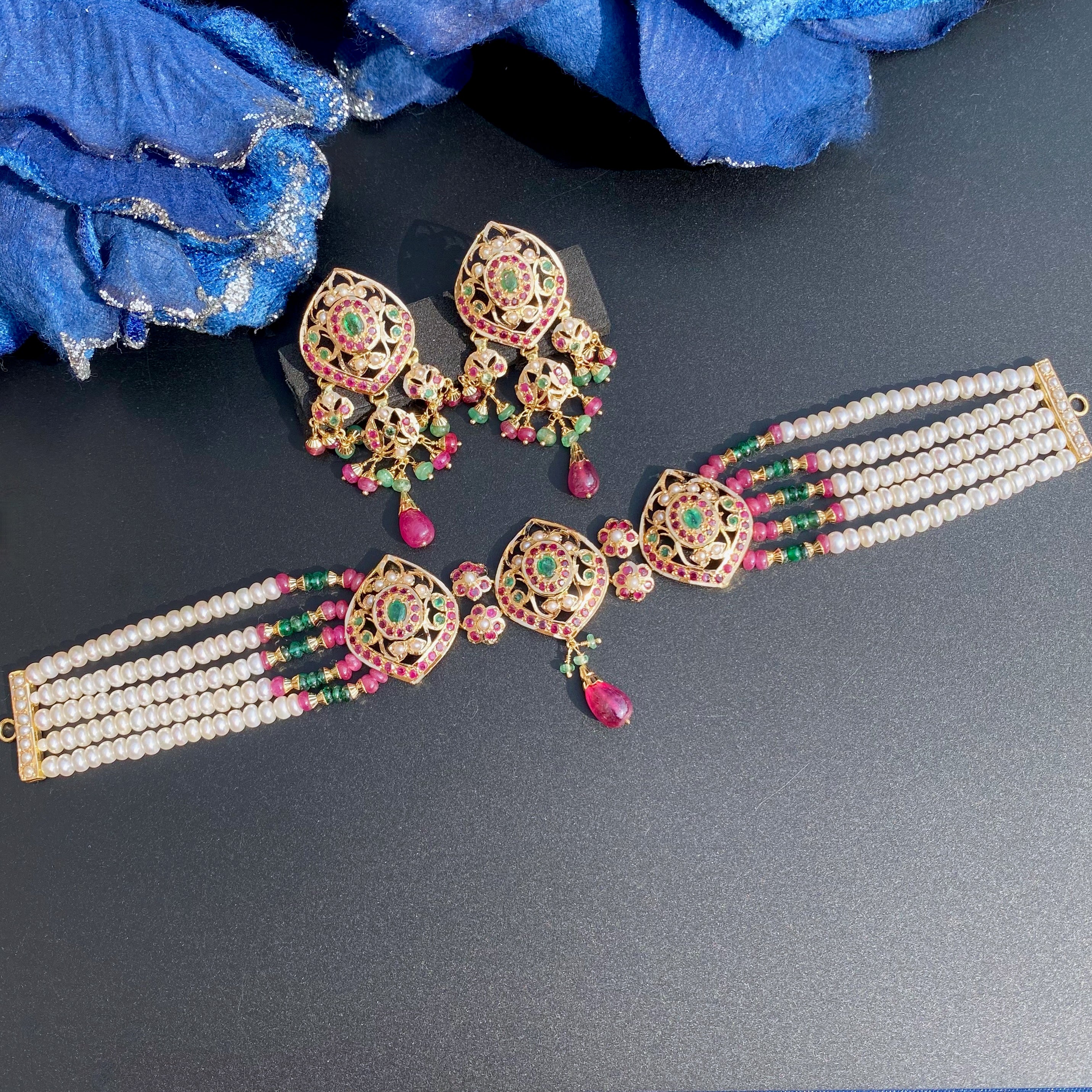 Party Wear Gold Choker Set | Precious Stones and Pearls Studded | Traditional Indian Gold Jewelry