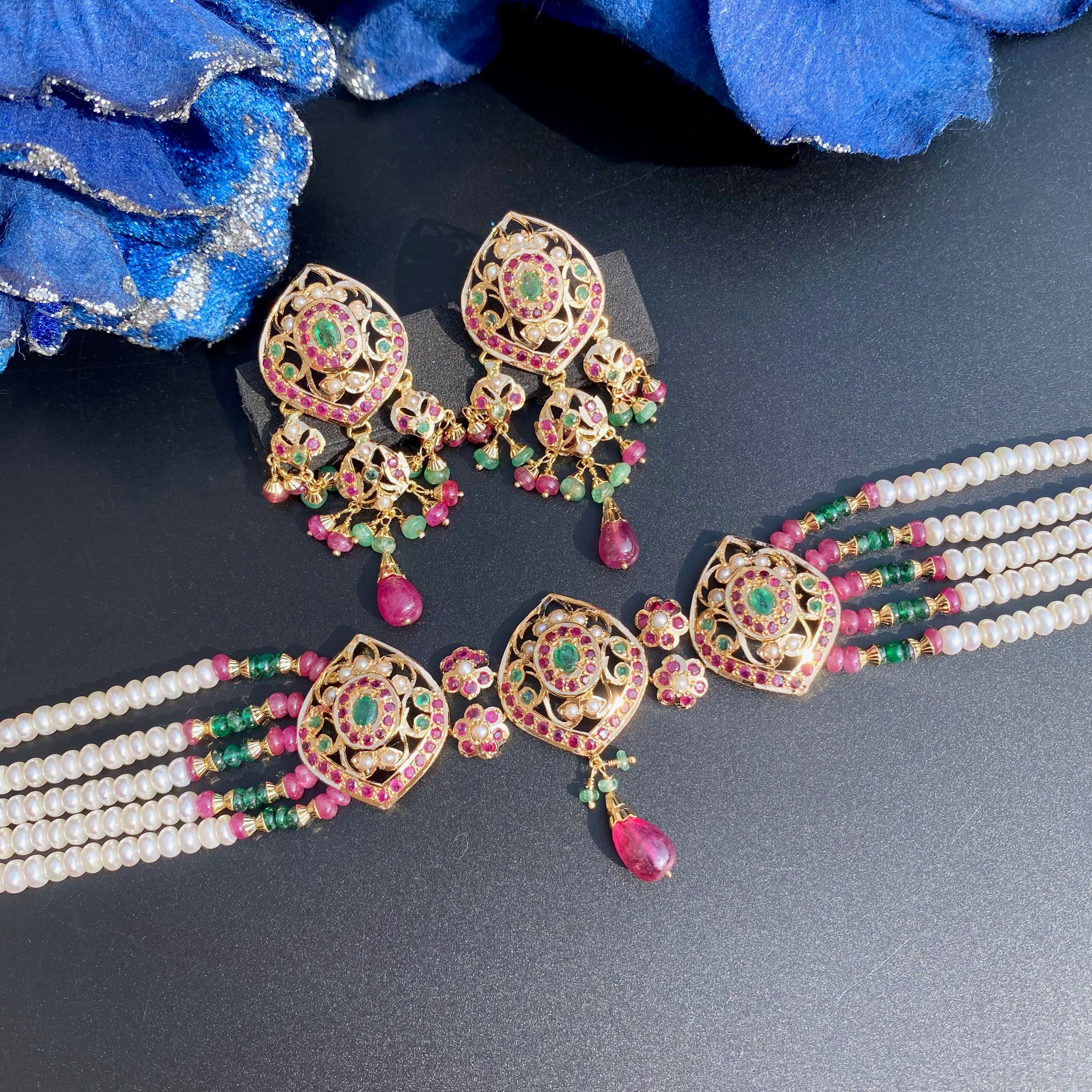 Party Wear Gold Choker Set | Precious Stones and Pearls Studded | Traditional Indian Gold Jewelry