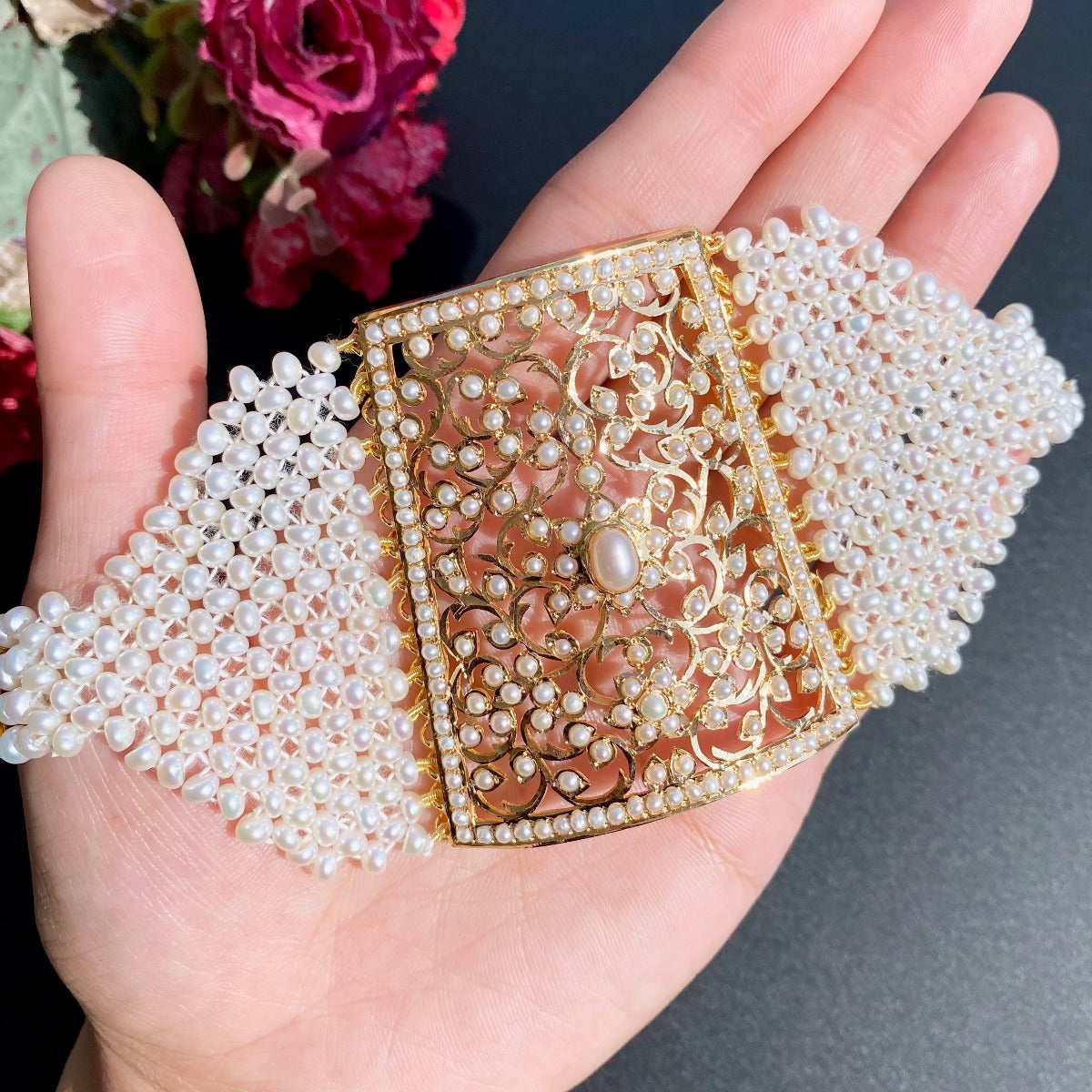 real gold mantasha studded with pearls