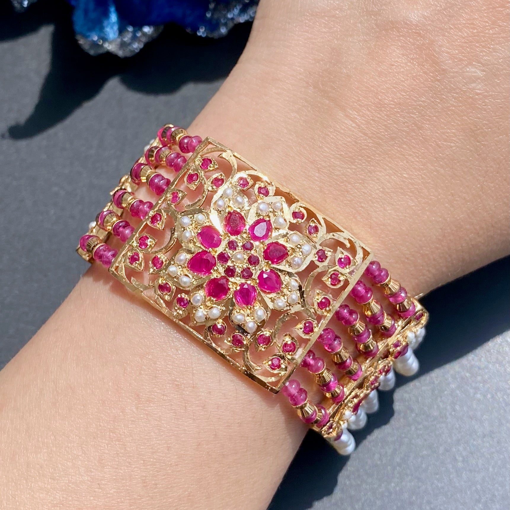 ruby red indian jadau dasti gold plated on silver real pearl ruby beads