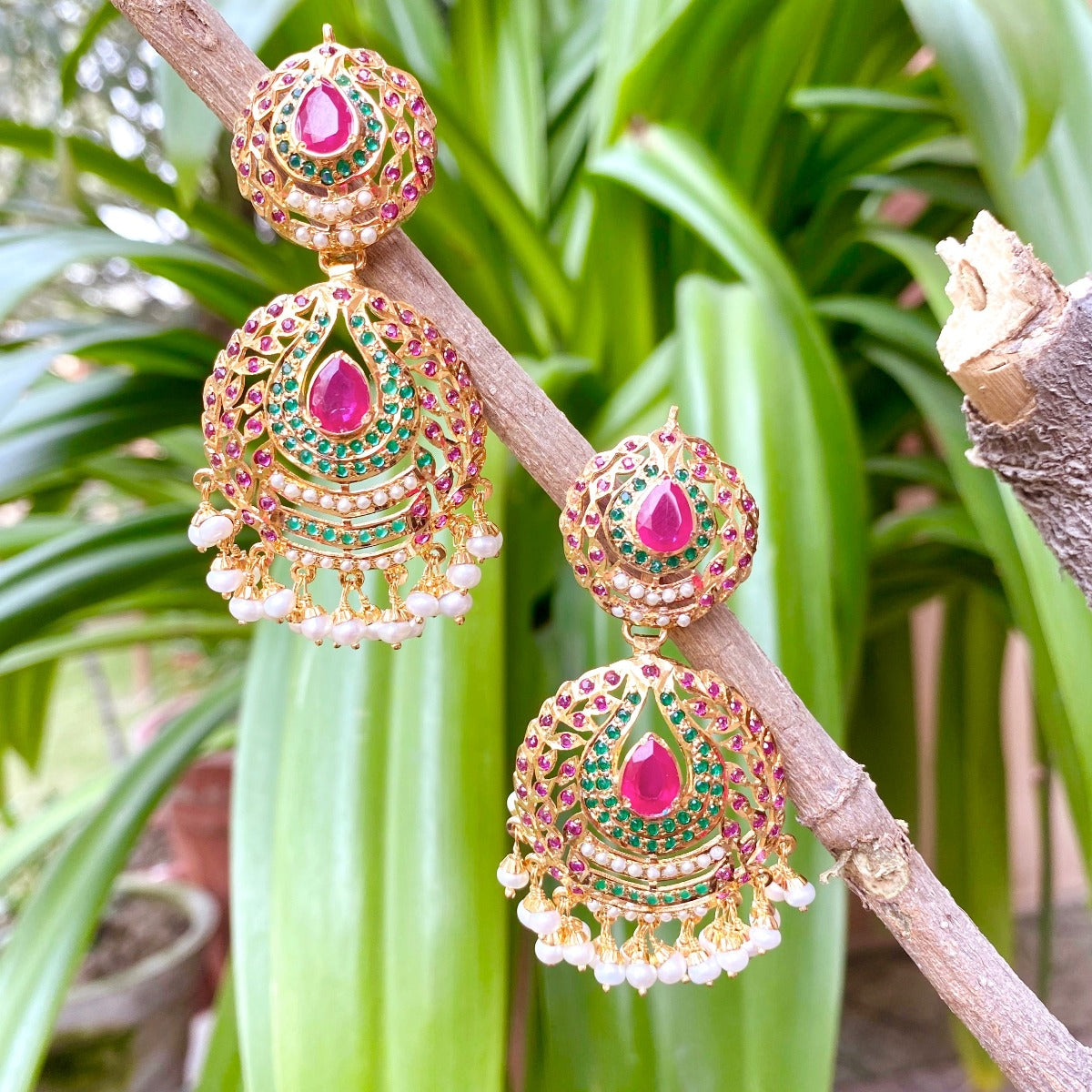 ruby emerald and pearl chandbali earrings
