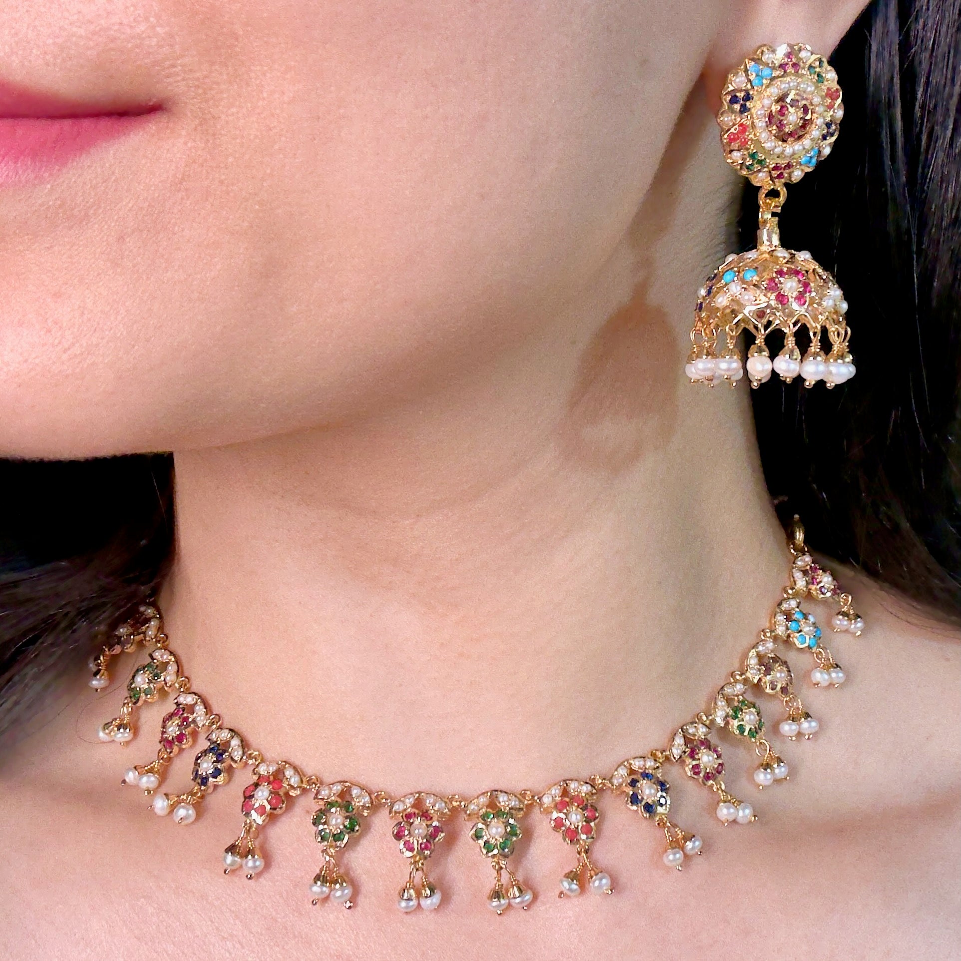 Delicate Navrattan Necklace with Jhumki | Gold Plated Navratna Necklace Set | NS 357