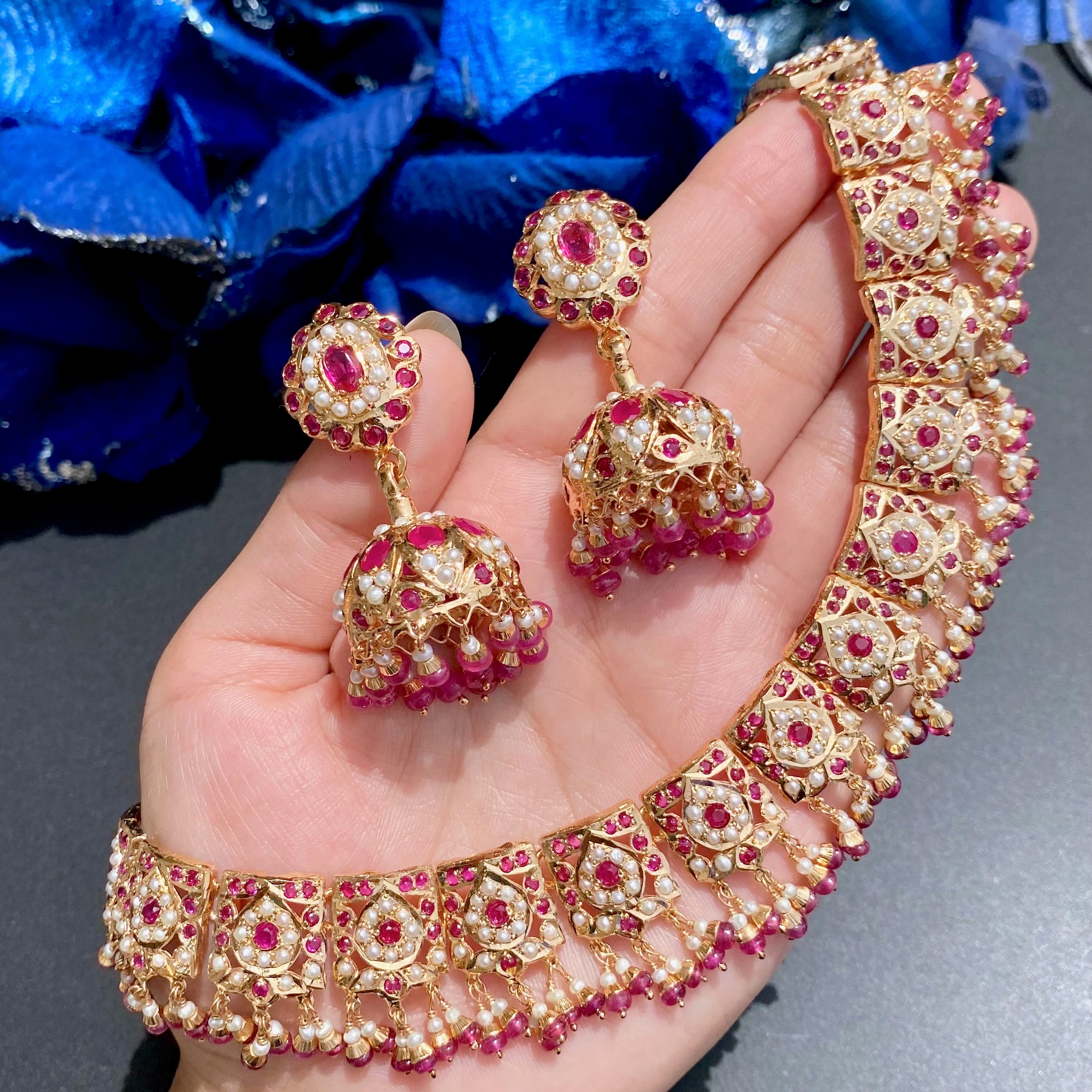 ruby necklace with jhumka earrings