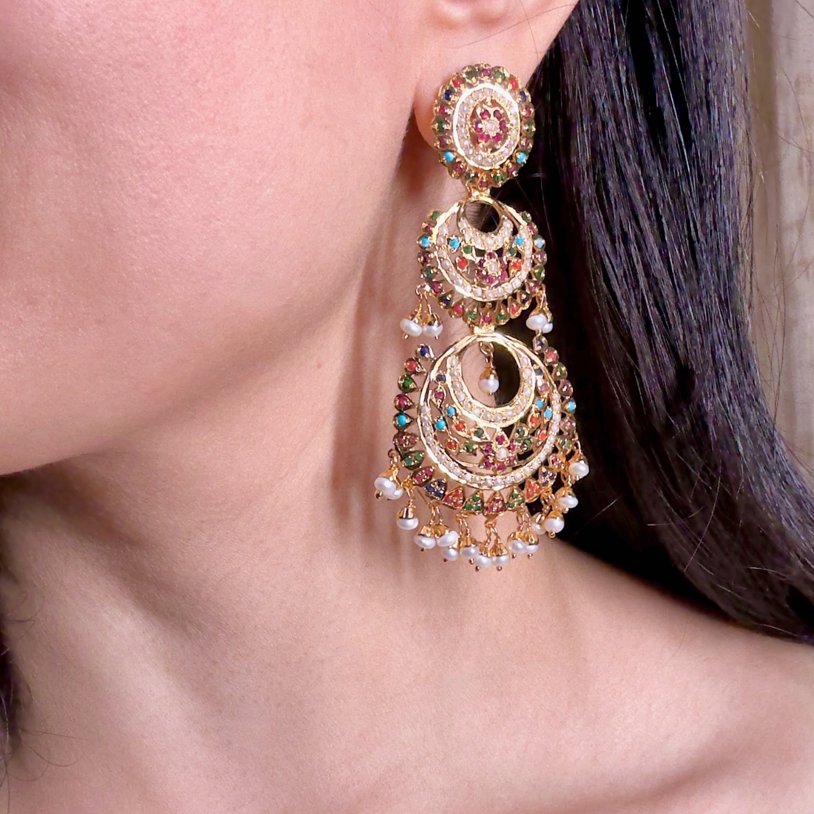 Navratna Double Chandbali Earrings | Indian Sterling Silver Jewelry in USA ER 566