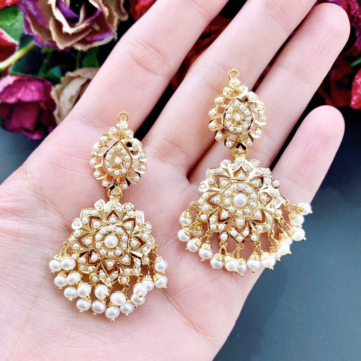 indian gold earrings studded with pearl