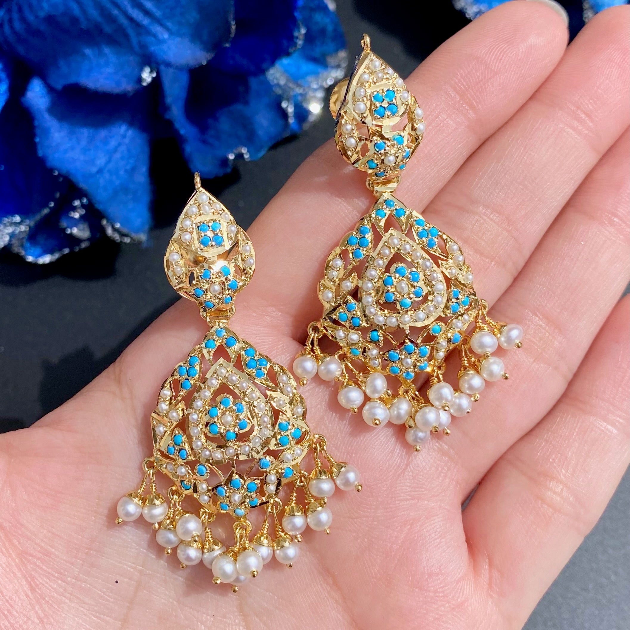 Classy Pearl & Feroza Necklace Set | Fine Indian Jewelry | Gold Plated Silver